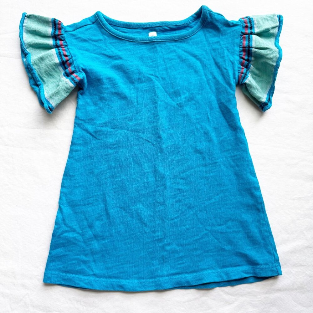 Tea Collection Toddler Girls Blue Ruffle Sleeve Dress 100% Cotton Size 2